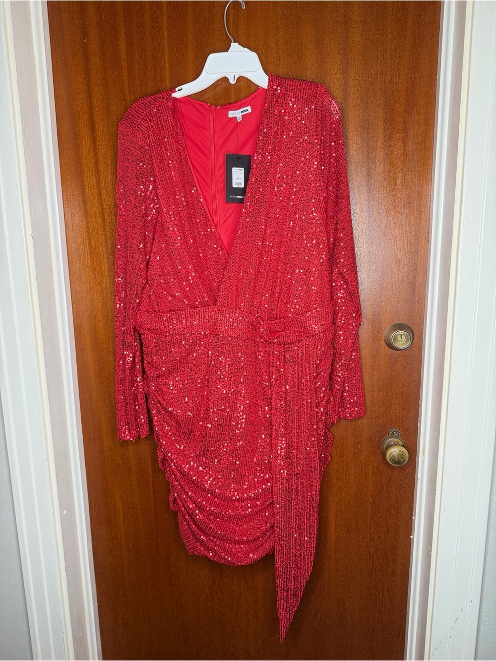 Fashion Nova Red Sequin Long Sleeve Wrap Dress